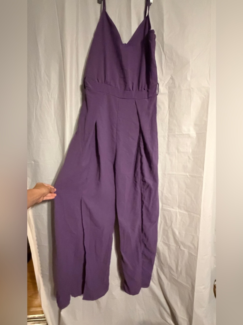 Women’s Purple Wide Leg Jumpsuit Spaghetti Strap V Neck Split Leg Palazzo